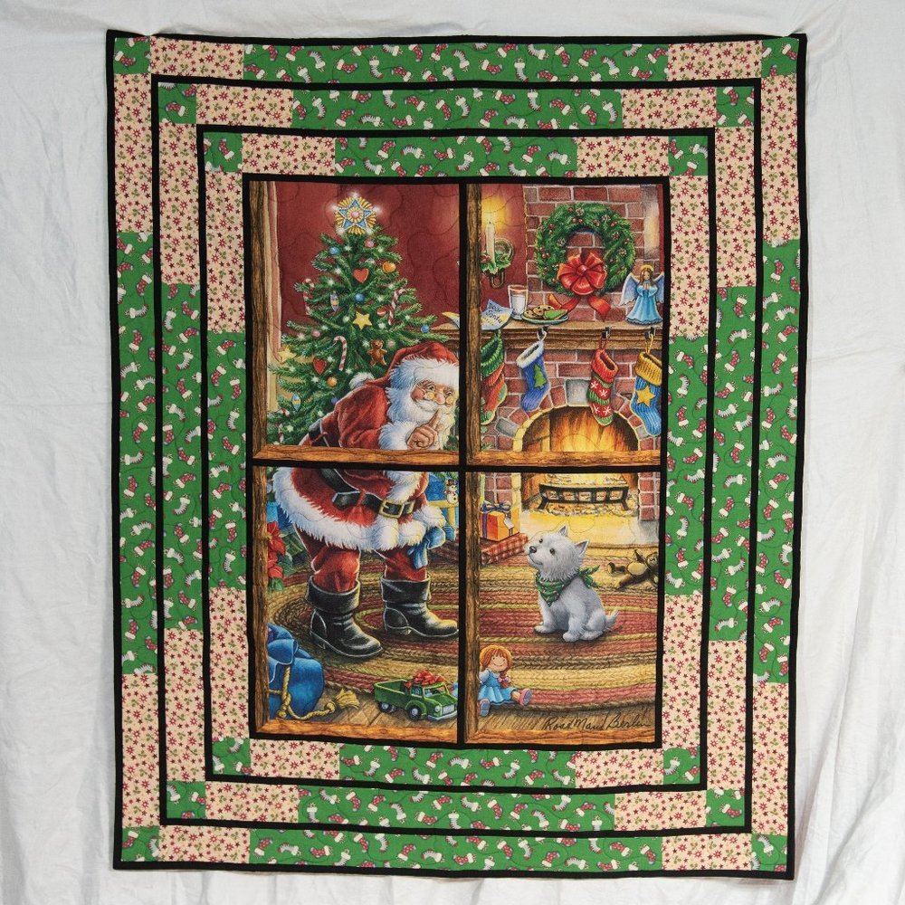 New Handmade Beautiful Quilt. Santa making a delivery and telling puppy to shh